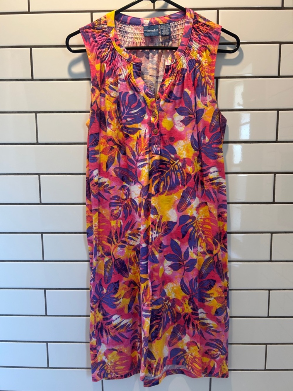 Caribbean Joe Pink, Purple & Yellow Tropical Sleeveless Shift Dress
